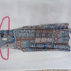 Lulus Dress Shift Swing Boho Sleeveless Lined Blue Rust Orange Brown Design, XS